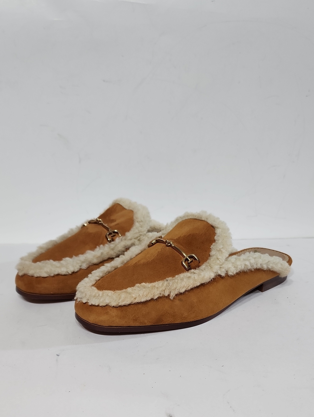 SAM EDELMAN women's Linnie Bit Cozy Mules in Harvest Brown suede Size 5
